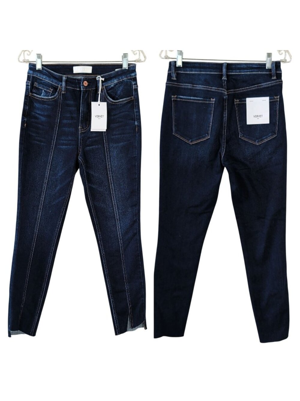 NWT VERVET Blue Jeans Size 28 Dark Wash Front Seam Raw Hem Ankle Slit Skinny